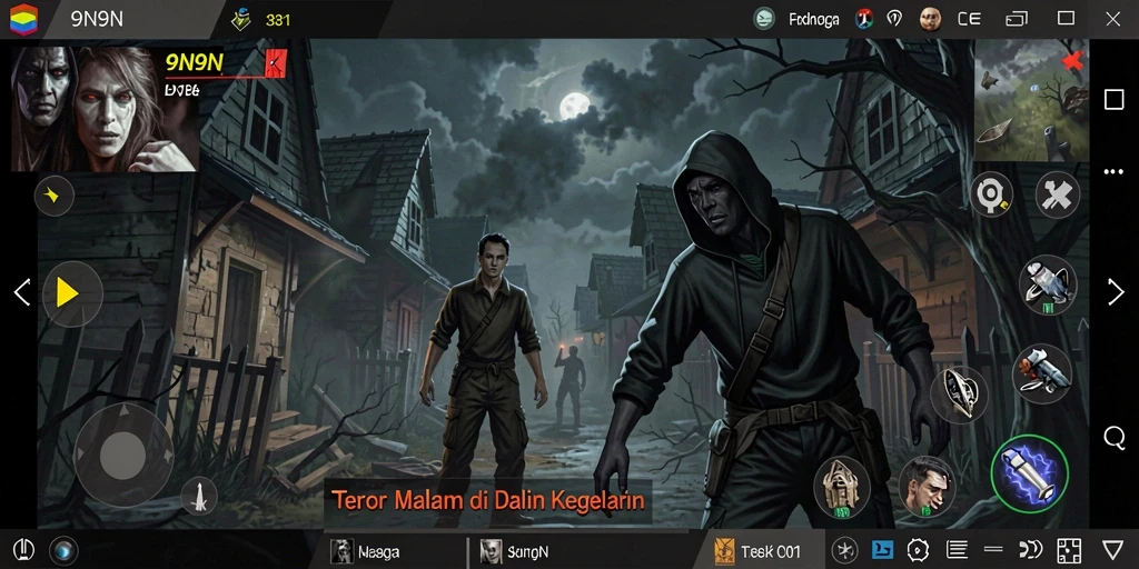 Tampilkan gameplay menakutkan 9N9N dengan suasana gelap.