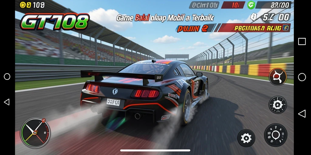 Tampilan gameplay GT108 dengan mobil balap dan lintasan menantang.